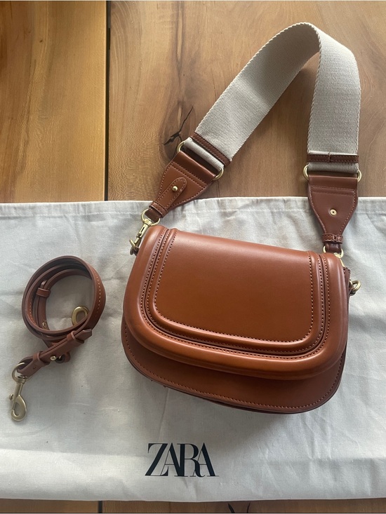 Zara Handbags - Zara Brown Leather Crossbody Bag with Canvas Strap